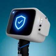 Robot with lanyard and shield icon with checkmark