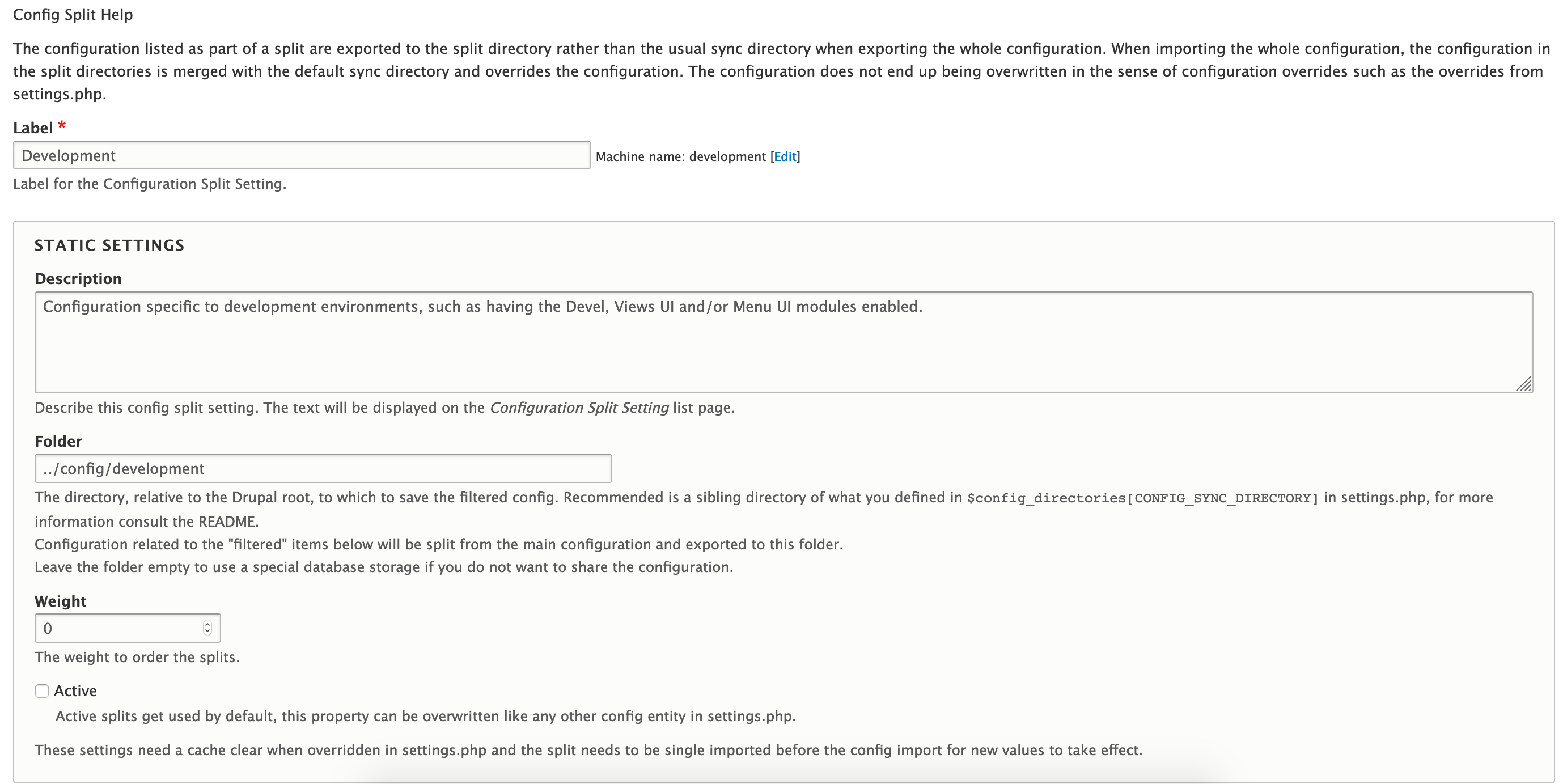 Screenshot of configuration split profile settings