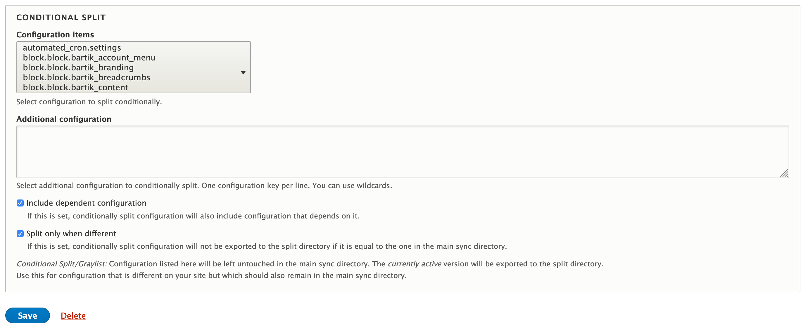 Screenshot of configuration split conditional-split/grey list settings