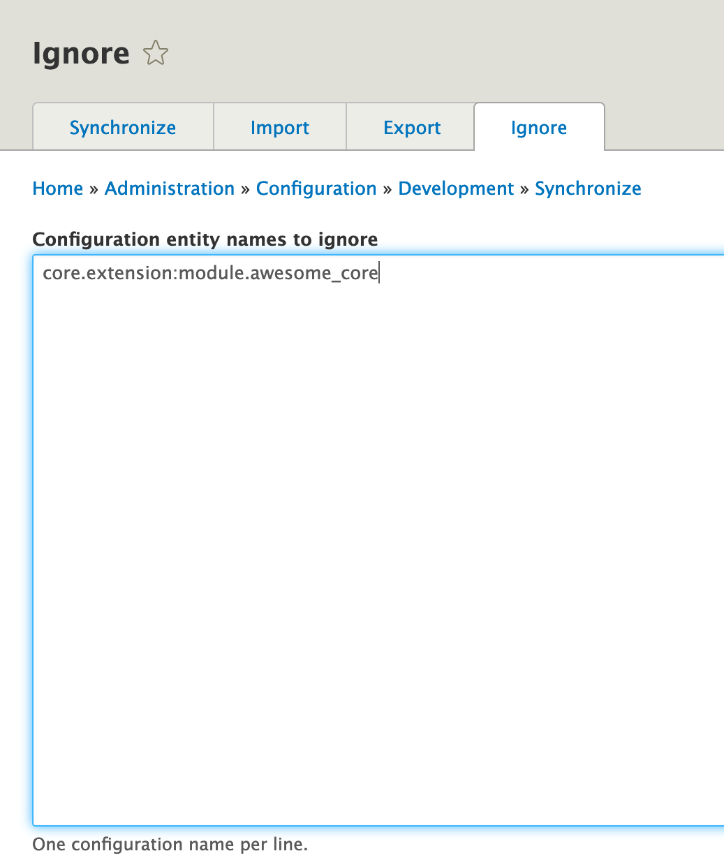 Screenshot of the Configuration Ignore module admin page