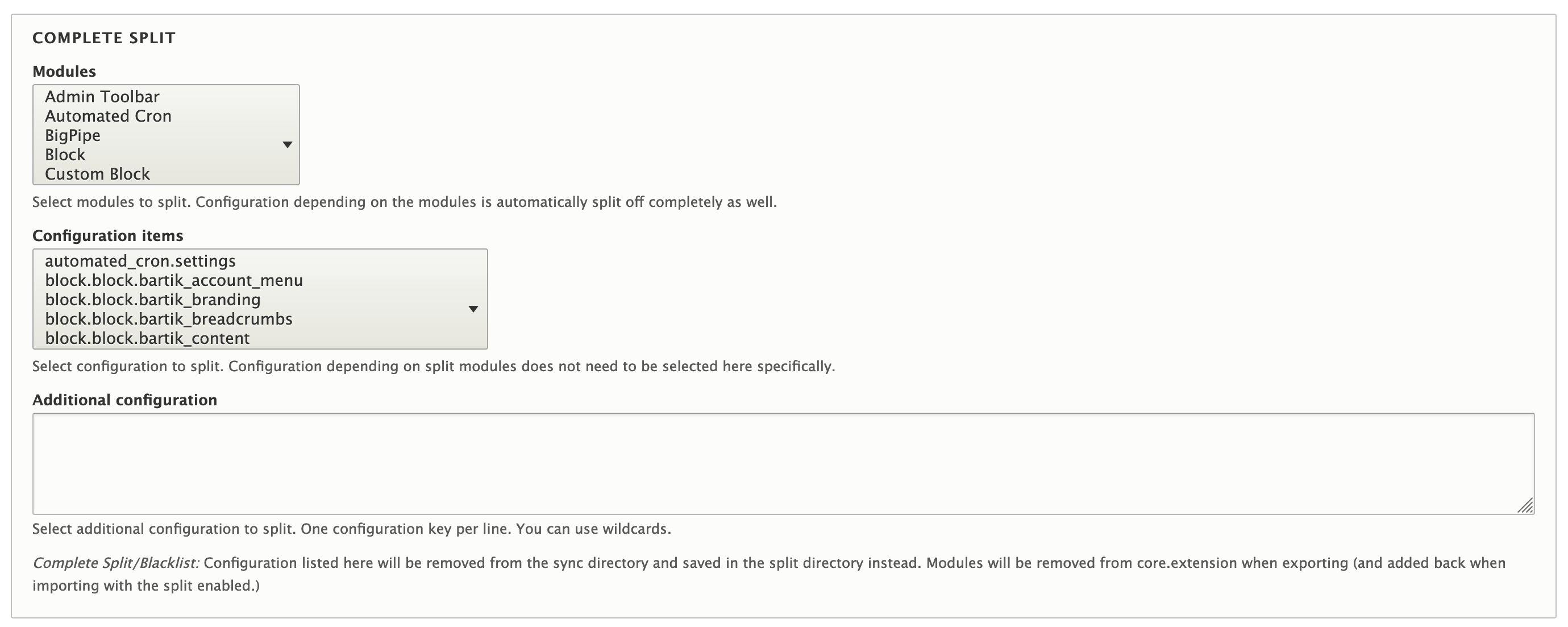 Screenshot of configuration split complete-split/blacklist settings