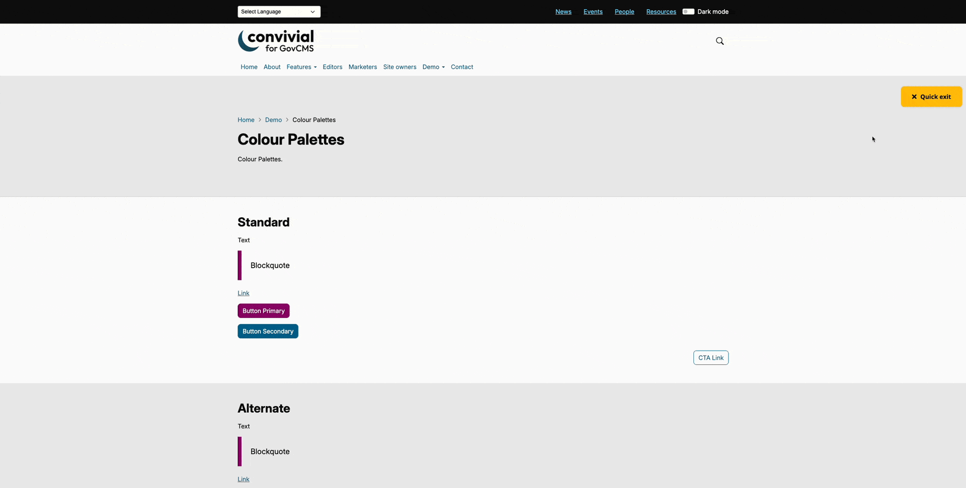 Dark mode example on Convivial for GovCMS
