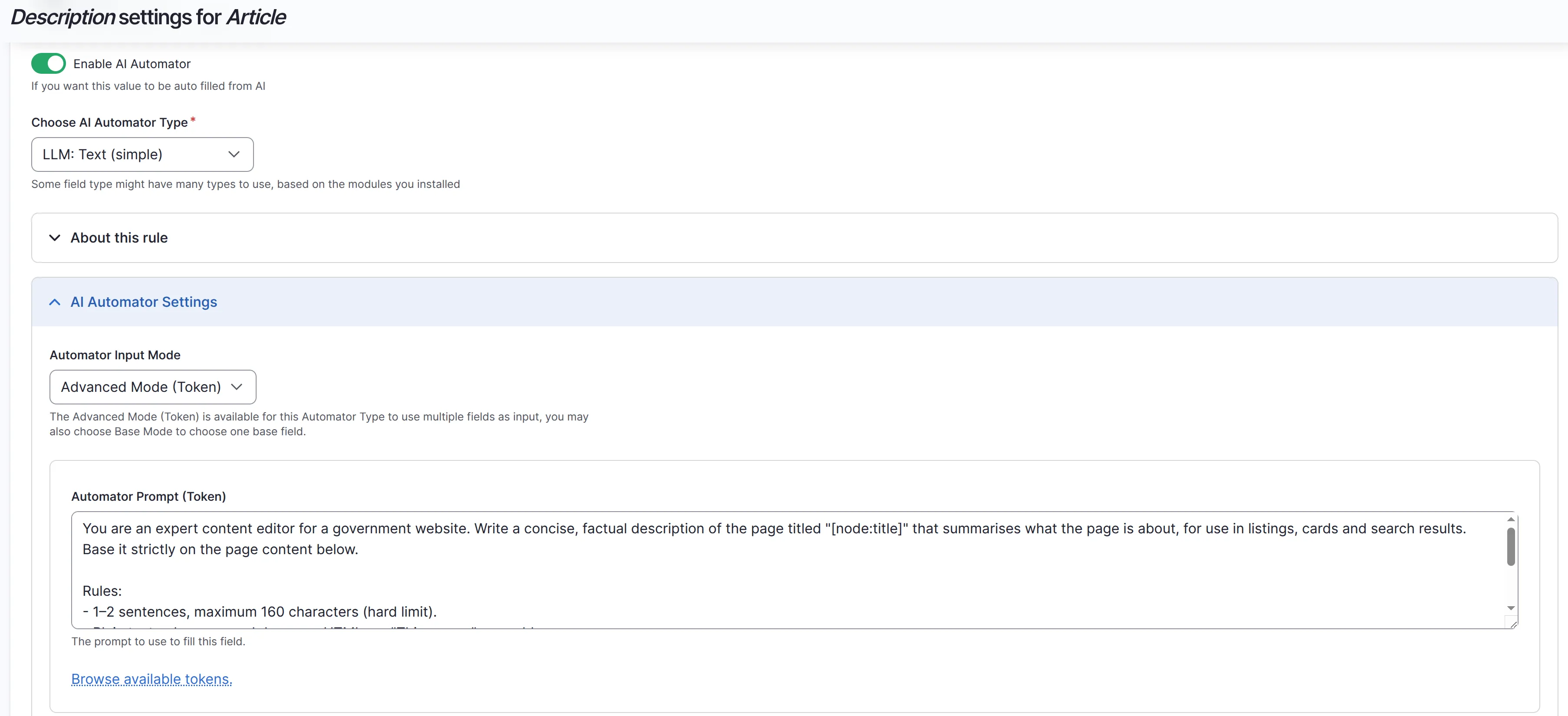 The Description settings for Article: AI Automator enabled, the LLM Text simple rule selected, token input mode, and the description prompt in the Automator Prompt field