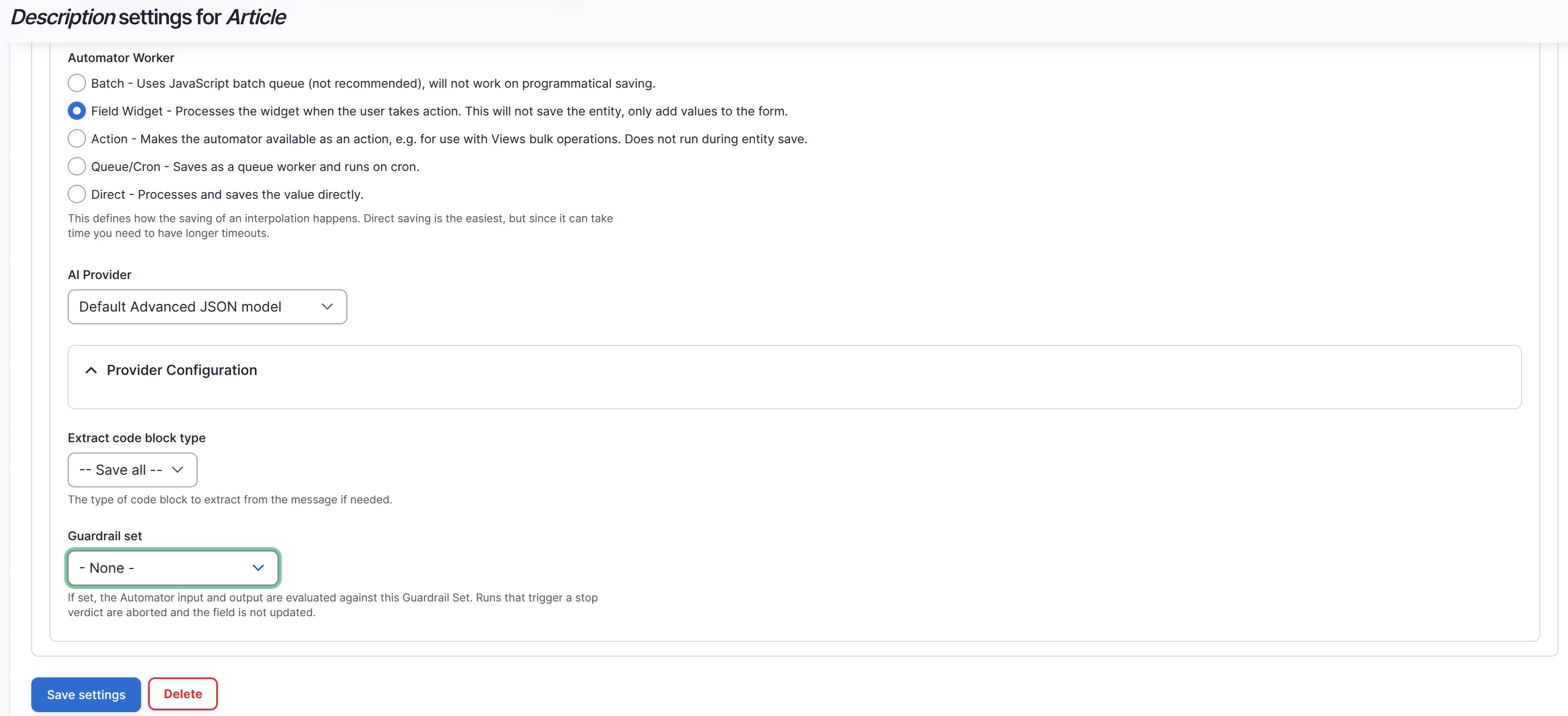 The provider selection and guardrail set options, with the Default Advanced JSON model chosen and the guardrail set selector visible
