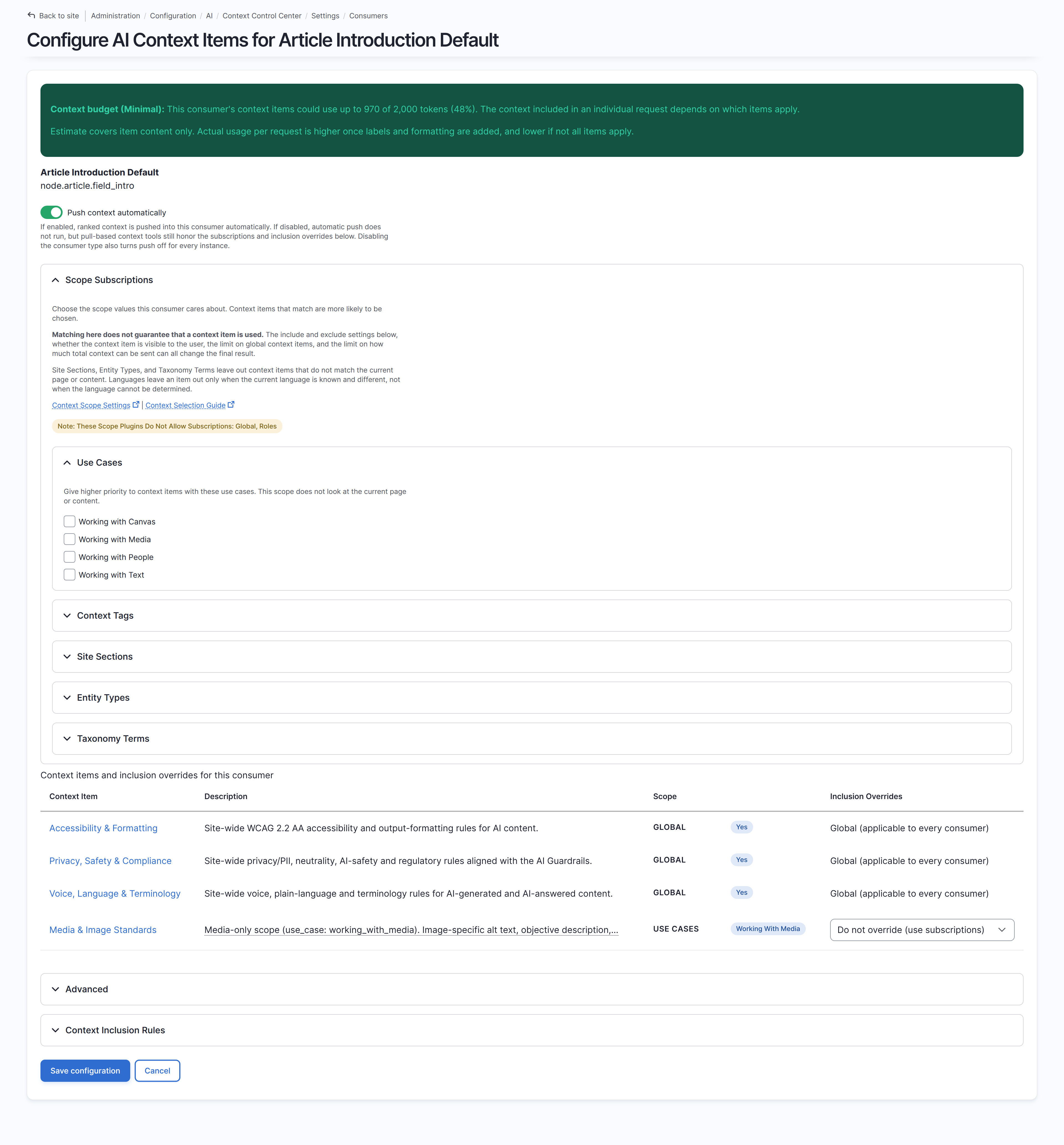 The Configure AI Context Items form for Article Introduction Default, showing a context budget banner reading 970 of 2000 tokens at 48 percent, the push context automatically toggle enabled, scope subscriptions with use case checkboxes, and the four context items with their scopes and inclusion overrides