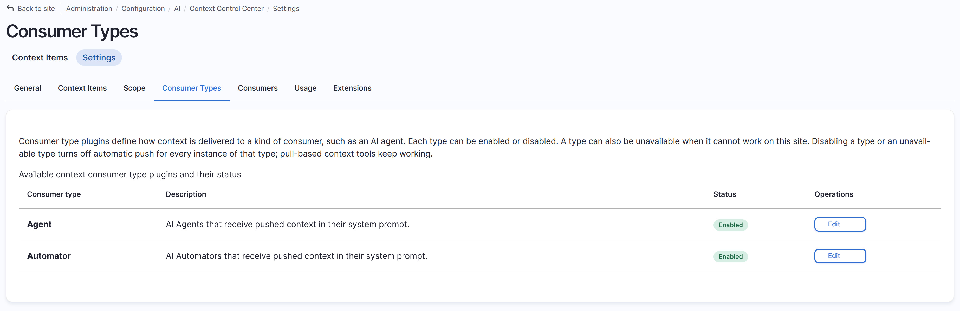 The Consumer Types settings page listing two plugins, Agent and Automator, both enabled, with a description explaining that disabling a type turns off automatic push for every instance while pull-based context tools keep working