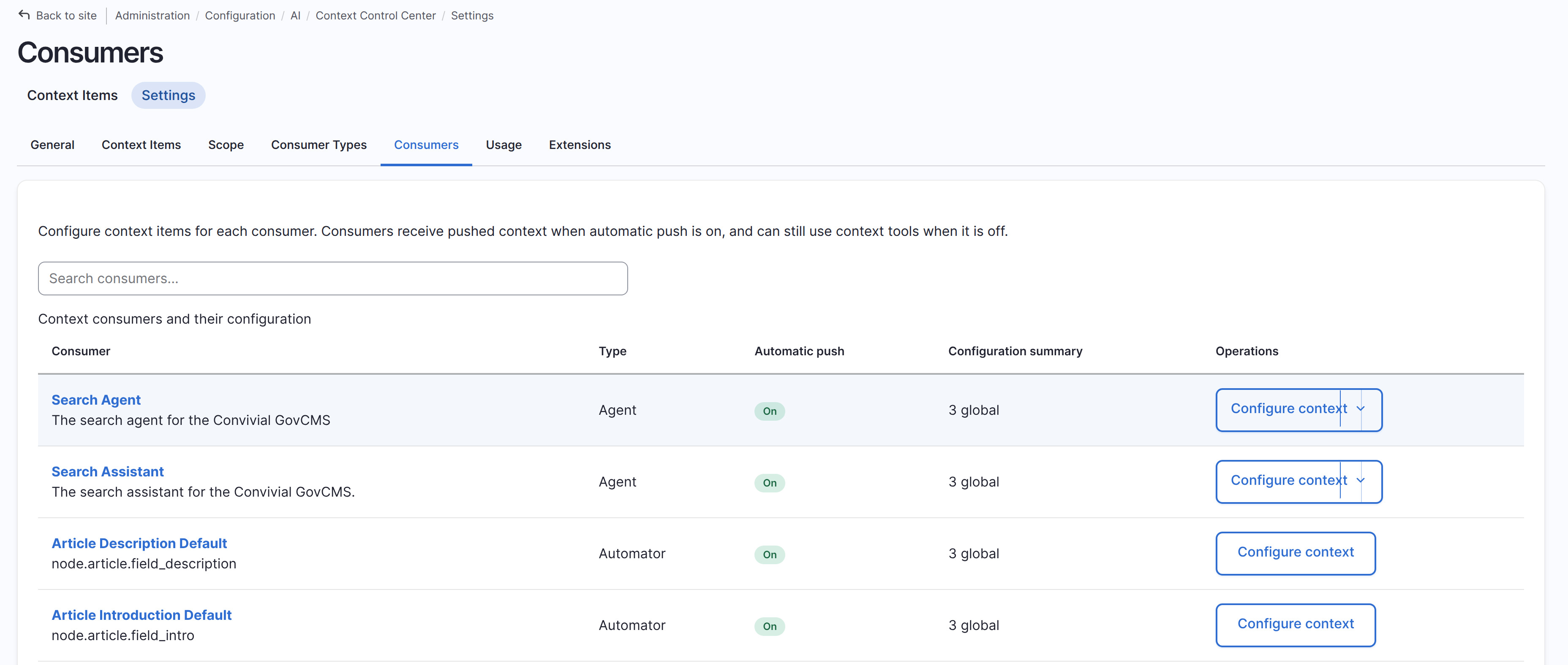 The Consumers settings page listing Search Agent and Search Assistant as Agent type, and Article Description Default and Article Introduction Default as Automator type, all with automatic push on and a configuration summary of three global items