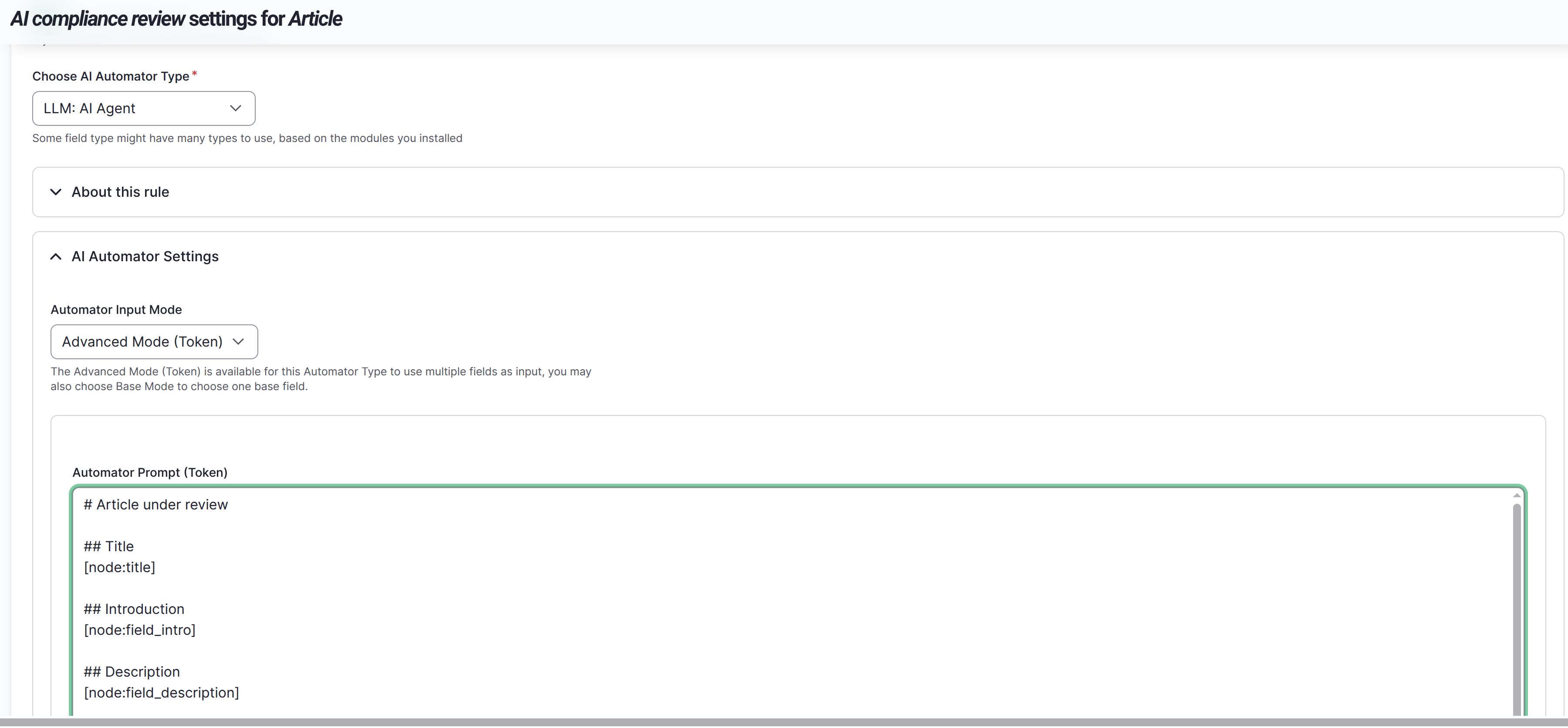 The AI compliance review settings form for the Article type, with LLM AI Agent chosen as the automator type, Advanced Mode Token as the input mode, and a token prompt beginning with an Article under review heading followed by title and introduction and description tokens