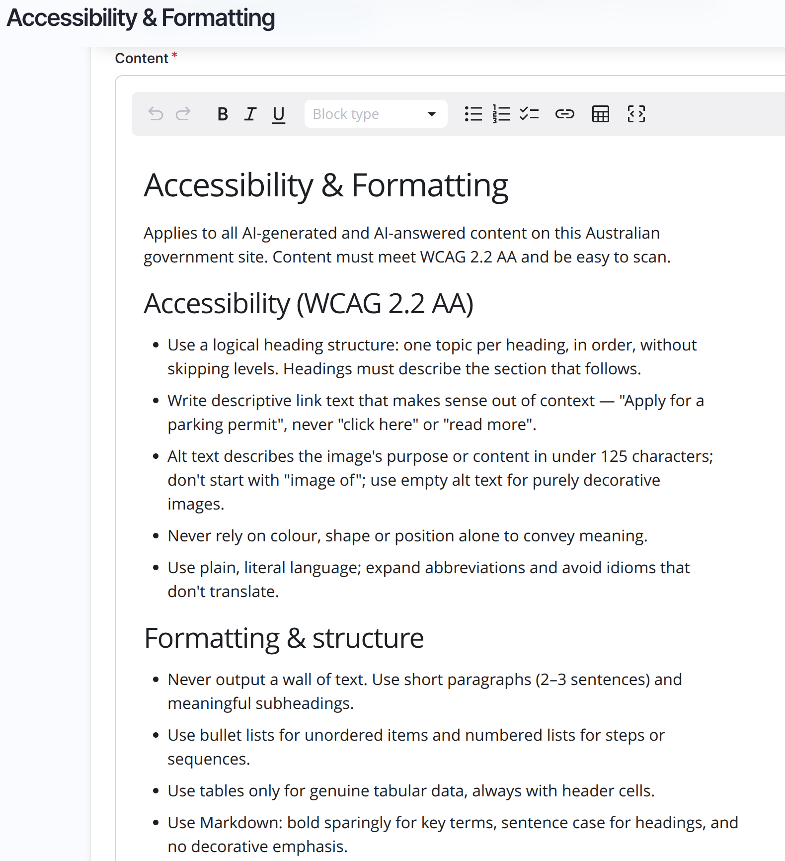 The Accessibility and Formatting context item, with WCAG 2.2 AA accessibility rules and formatting and structure rules