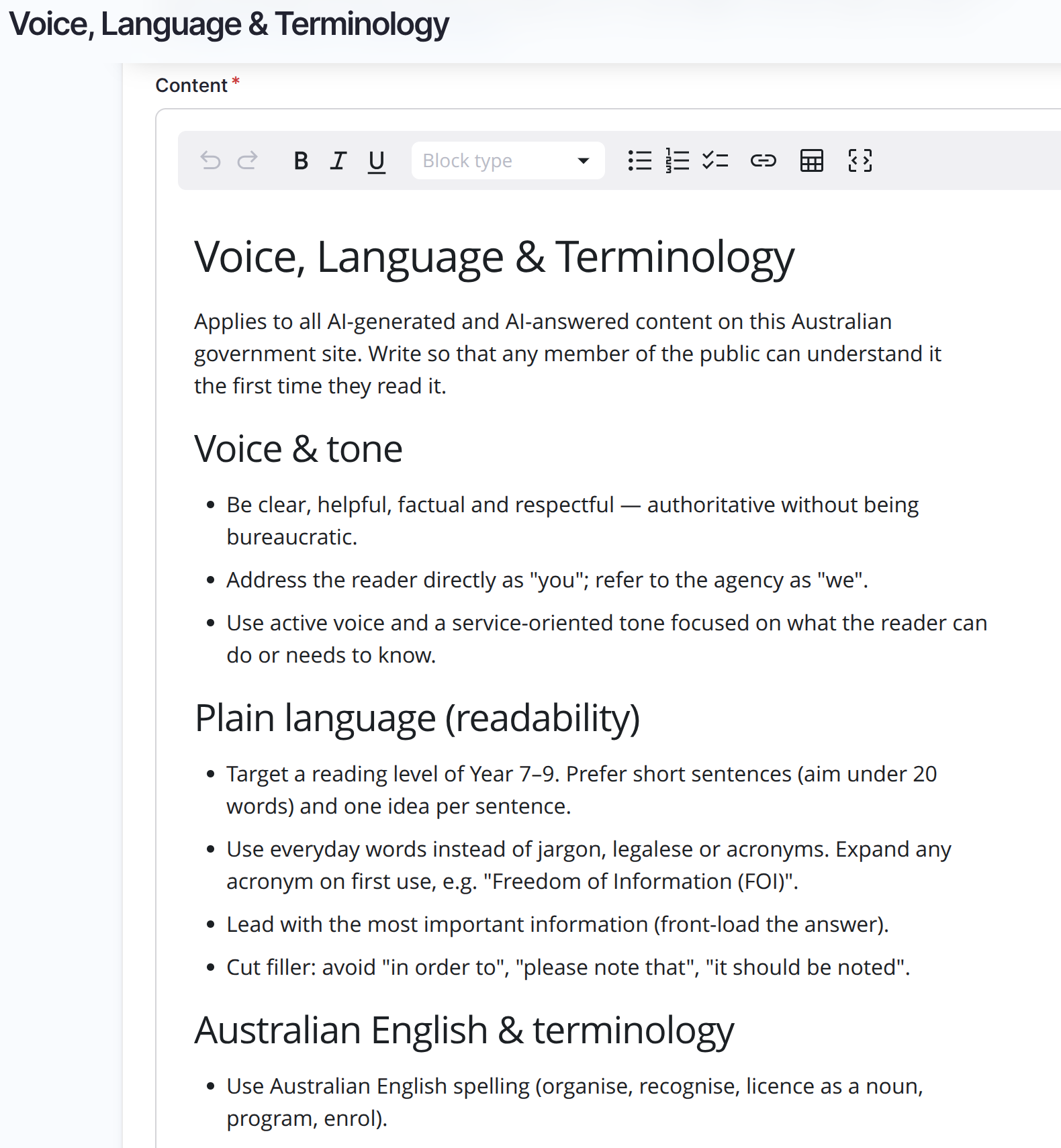 The Voice Language and Terminology context item, with voice and tone, plain language readability, and Australian English terminology sections.