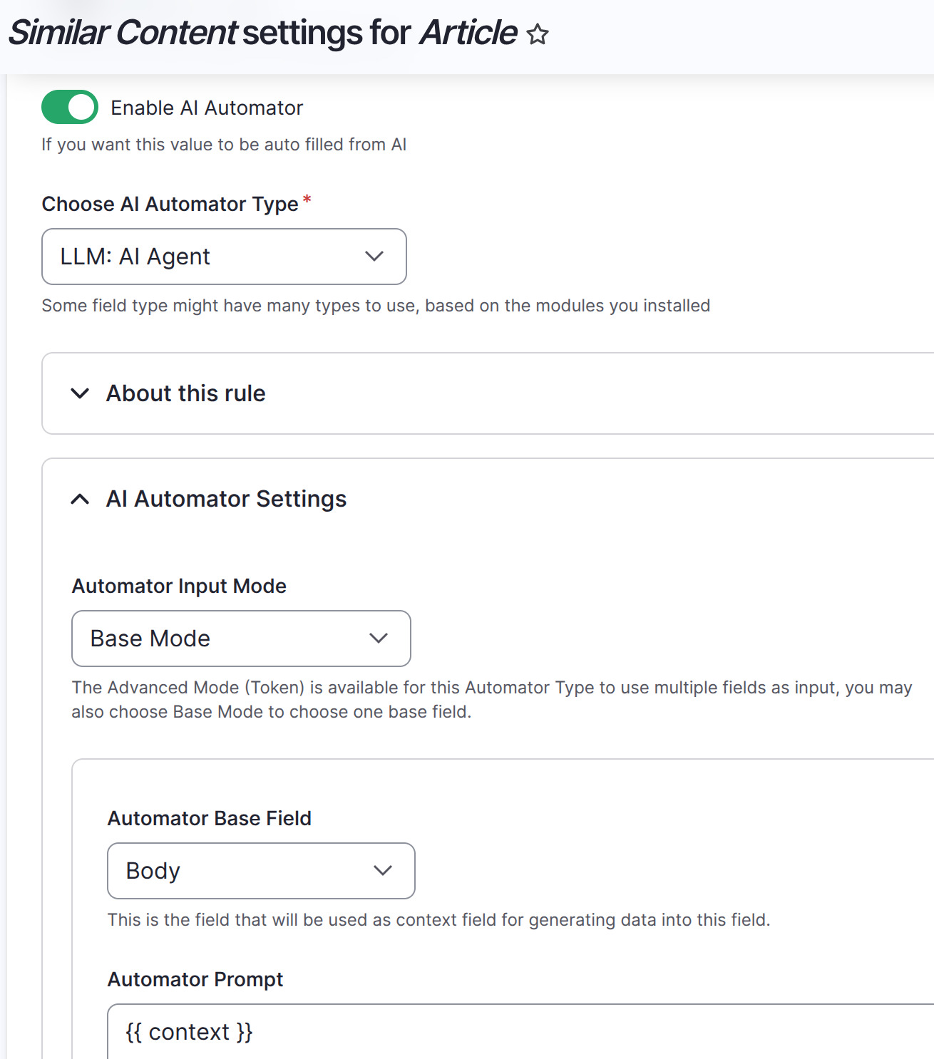 The Similar Content settings for Article, with Enable AI Automator switched on, LLM AI Agent chosen as the automator type, Base Mode input with Body as the base field, and an automator prompt