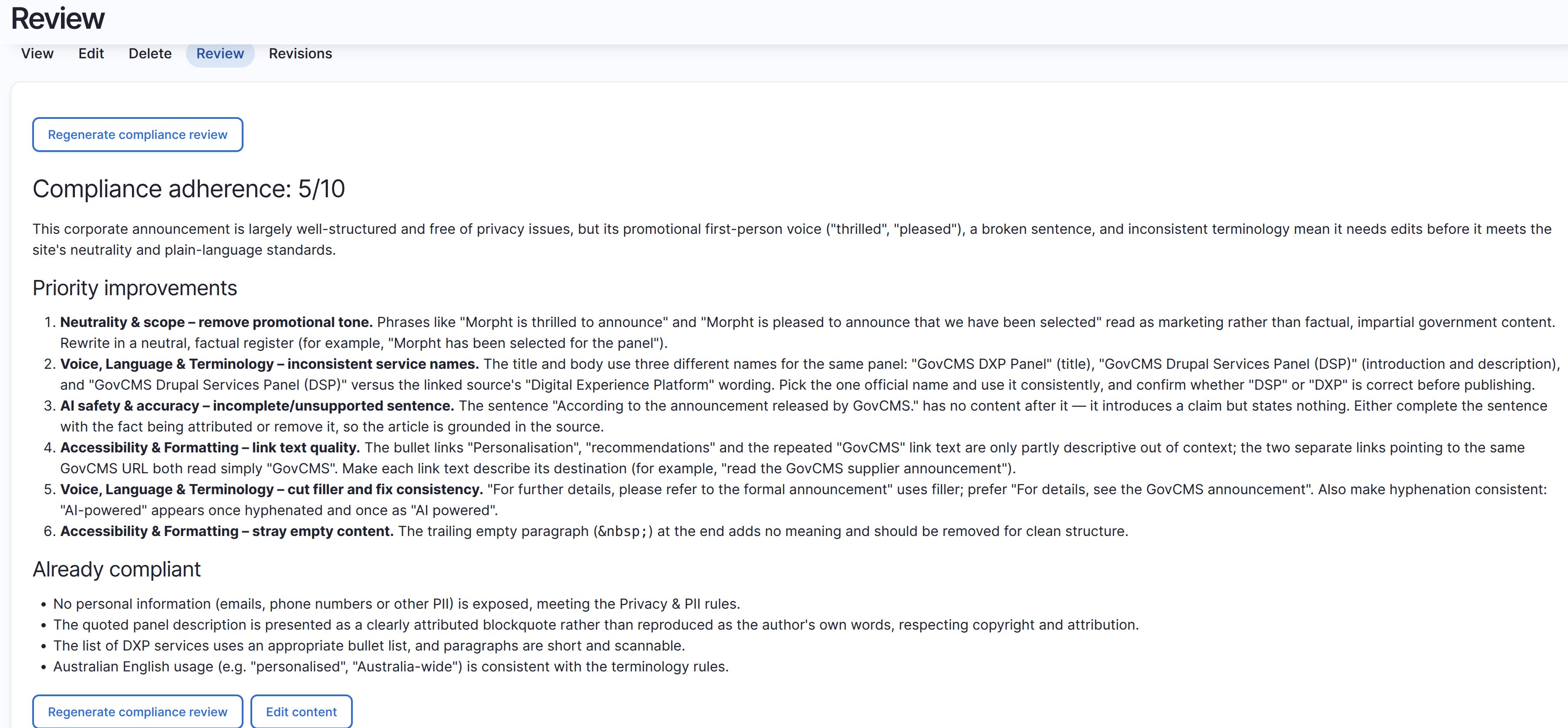 The Review tab showing compliance adherence 5 out of 10, a summary paragraph, six numbered priority improvements each naming a rule area and the exact offending text, and an already compliant list, with Regenerate compliance review and Edit content buttons