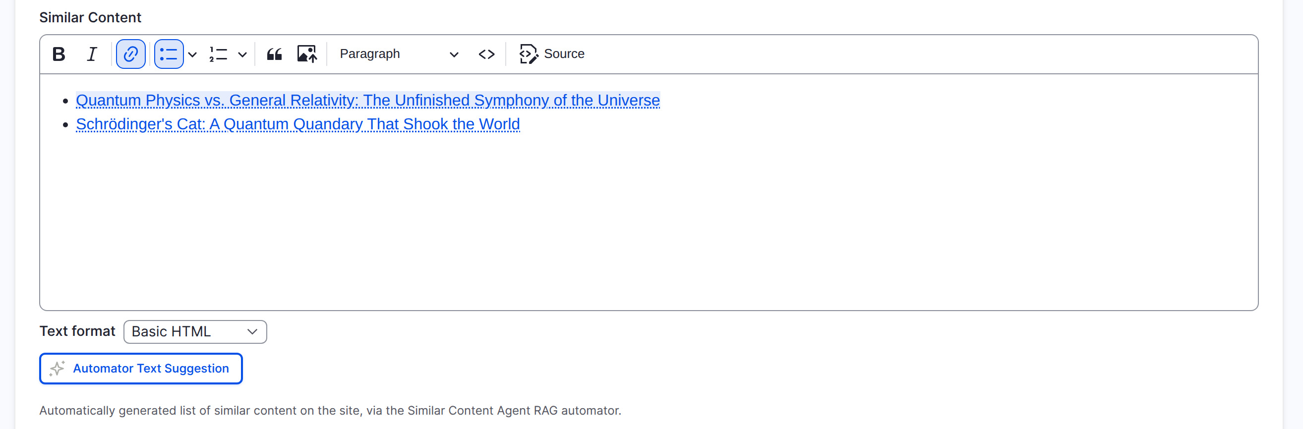 The Similar Content field in the node edit form, containing a bulleted list of two linked article titles, with a text format selector and an Automator Text Suggestion button below, described as an automatically generated list of similar content via the Similar Content Agent RAG automator