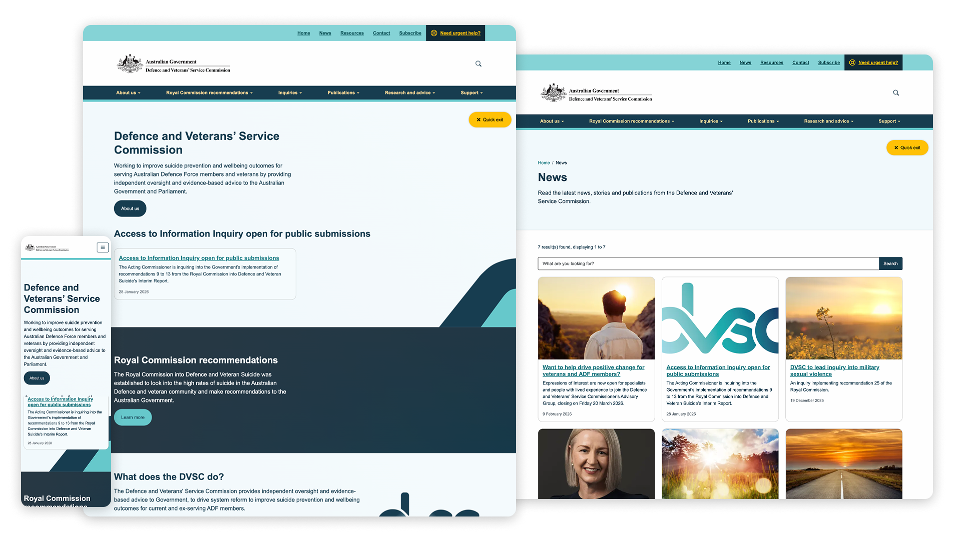 Screenshots of the DVSC website homepage, news and mobile design