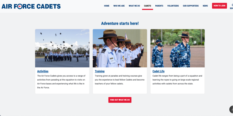 AAFC screenshot of the cadets page