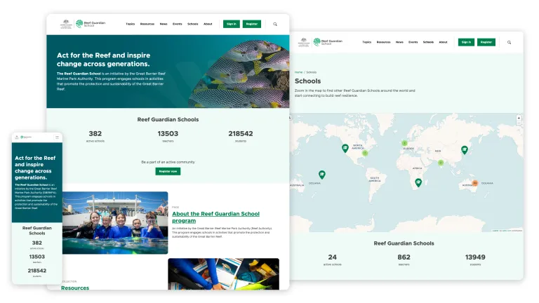The Reef Guardian School website screenshots