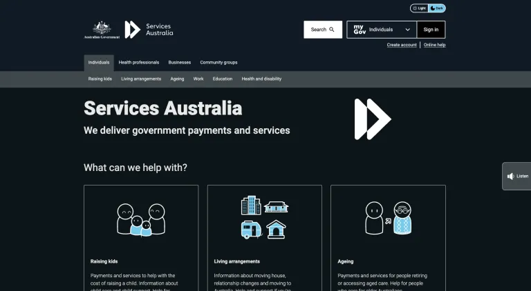 Services Australia website screenshot