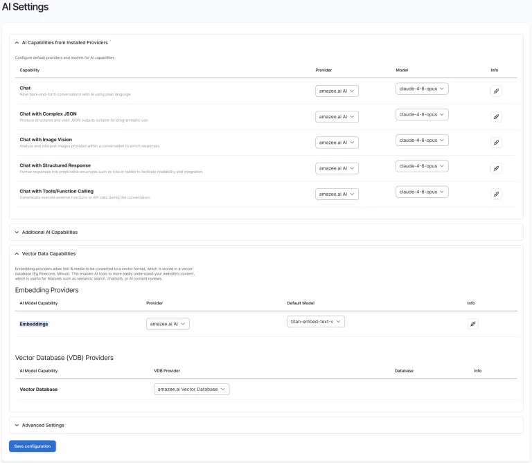 The AI Settings page with chat capabilities assigned to the amazee.ai provider, an embeddings model configured, and the amazee.ai Vector Database selected as the VDB provider