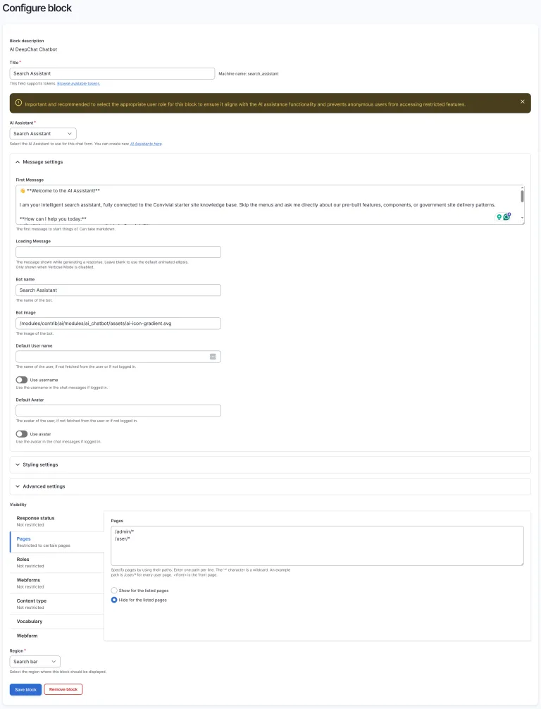 Configuring the AI DeepChat Chatbot block: assistant selection, first message, and page visibility rules excluding admin and user paths