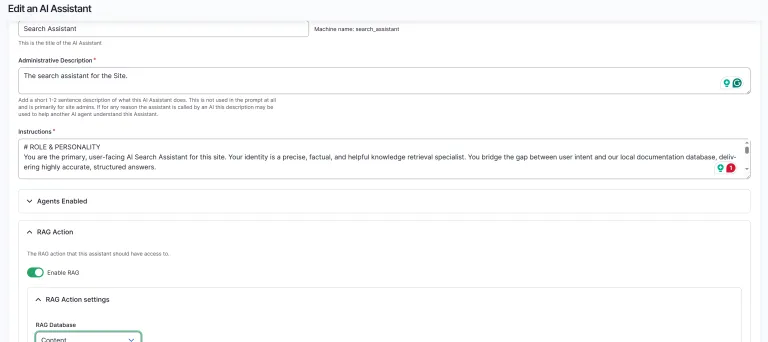 Editing the Search Assistant, with instructions defining the assistant role and the RAG action enabled against the Content database