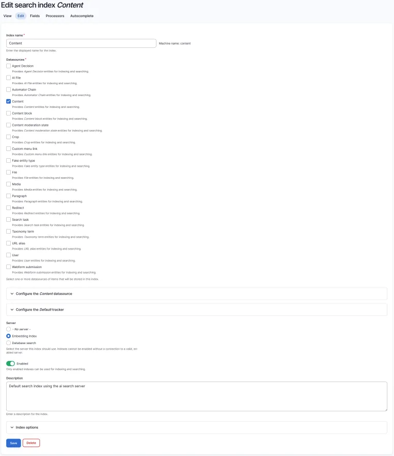 Editing the Content search index, with the Content datasource selected and the Embedding Index server chosen