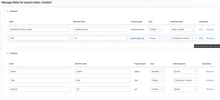Managing fields for the Content index: rendered HTML output as main content, URL and title as contextual content, status and user ID ignored