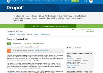 Drupal screenshot of the Enforce Profile Field module page