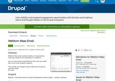 Screenshot of Drupal.org Webform Mass Email module page
