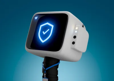 Robot with lanyard and shield icon with checkmark