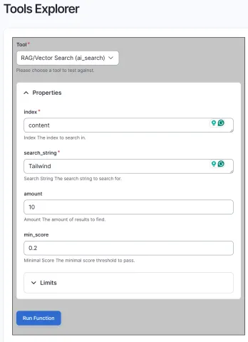 The Tools Explorer running the RAG/Vector Search tool against the content index with a test query, an amount of 10 and a minimum score of 0.2