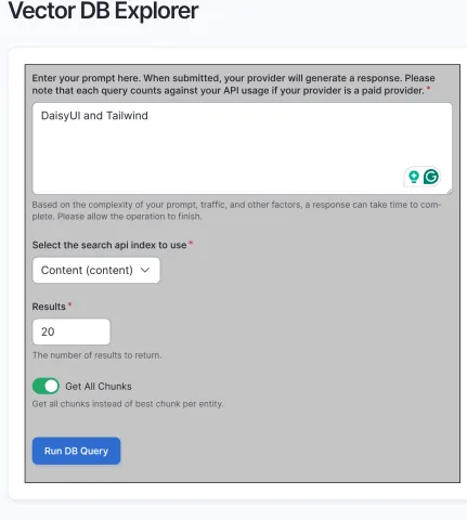 The Vector DB Explorer querying the Content index for 20 results with the Get All Chunks option enabled