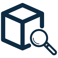 Magnifying glass looking at a cube icon
